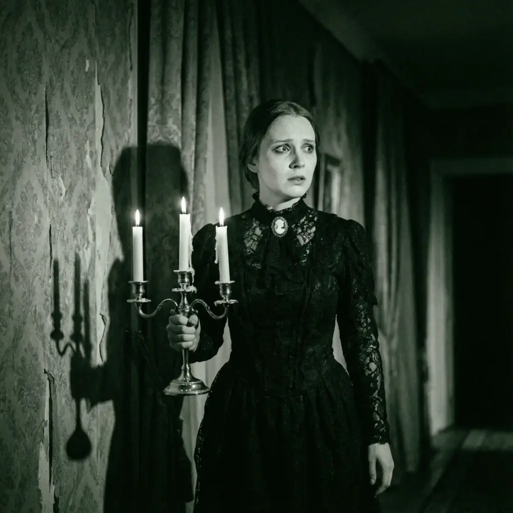 Create a moody and atmospheric cinematic medium shot set in a dimly lit Victorian hallway. A pale woman stands frozen in the center, wearing a high-collared, intricate black lace mourning dress with a cameo brooch. She holds a silver candelabra with three burning candles, the wax dripping down the side. Her expression is terrified, looking slightly off-camera into the darkness. The lighting is strictly motivated by the candlelight, casting long, dancing shadows on the damask wallpaper behind her. Apply a desaturated color palette with subtle green undertones and heavy film grain to mimic vintage film stock. Aspect ratio 1:1.