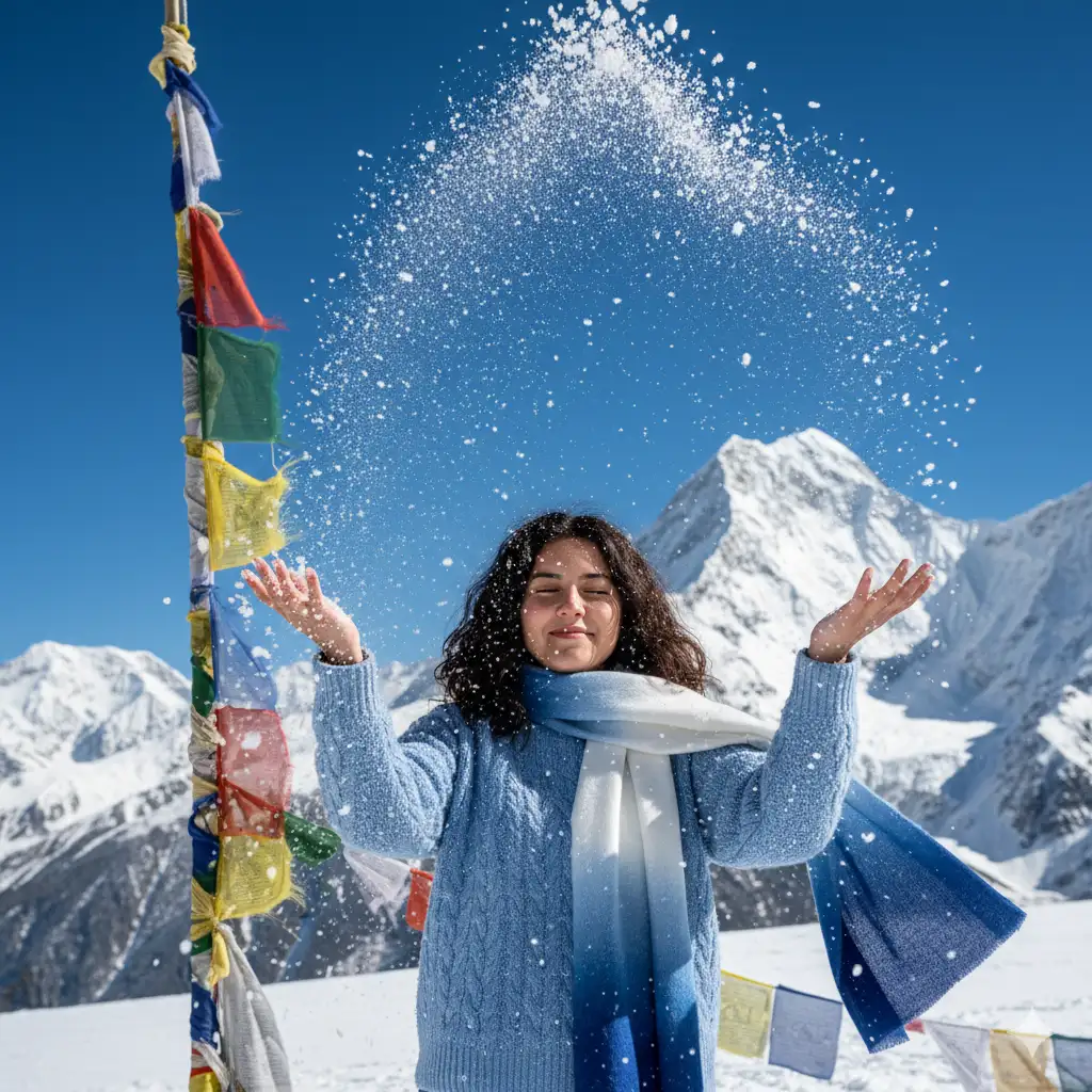 Create a bright, energetic winter portrait of a young woman standing in a stunning high-altitude snowy landscape. She is tossing snow into the air with both hands lifted, creating dynamic motion as snowflakes scatter around her. She wears a cozy light-blue cable-knit sweater and a long gradient scarf in shades of blue and white. Her dark hair is slightly tousled by the movement and dotted with snow. Her eyes are gently closed as she smiles softly, enjoying the playful moment. The background features brilliant white snow-covered mountains under a deep, cloudless blue sky. Harsh, crisp sunlight creates strong contrasts and vivid colors, casting defined shadows across the snow. Brightly colored prayer flags and a tall pole wrapped in fabric add a touch of vibrant cultural detail to the scene. The overall image is full of life and clarity.