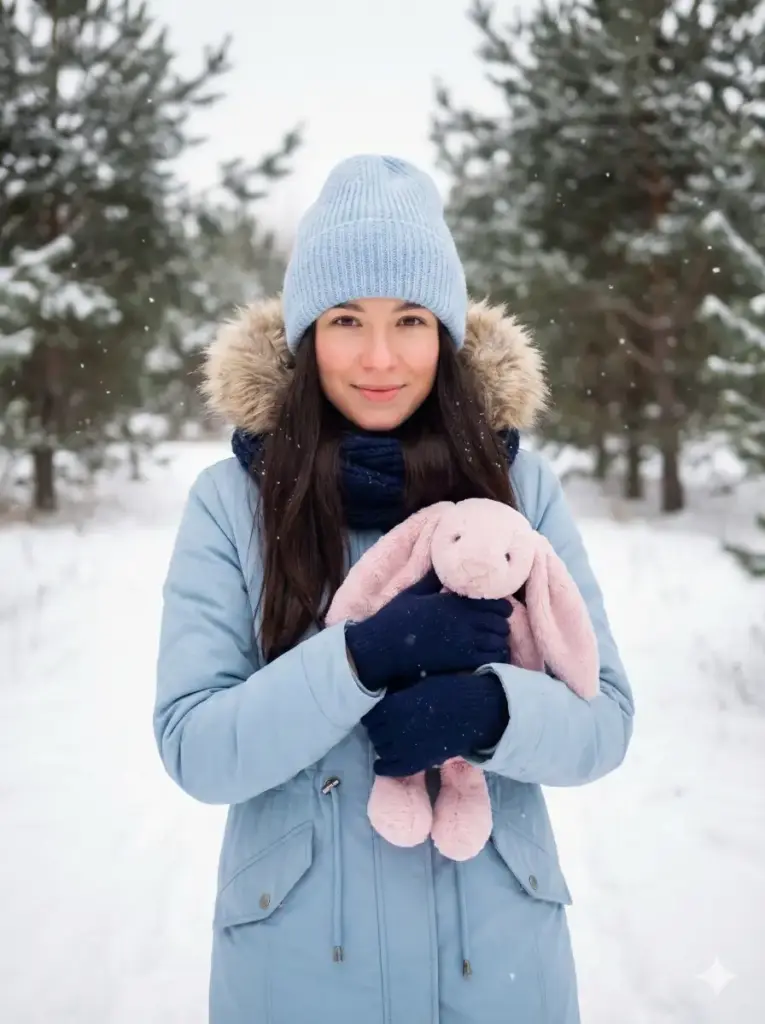 Create photo of a young woman stands outdoors in a snowy winter landscape, surrounded by softly falling snowflakes. She wears a cozy light-blue knit beanie, a matching light-blue winter coat with a faux-fur lined hood, and dark navy gloves and scarf that complement the palette. Her long dark hair falls naturally over her shoulders, creating a soft contrast against the snowy background. She holds a plush pink bunny tightly to her chest, giving the moment a sweet, heartwarming innocence. The background is softly blurred with snow-covered trees, creating a peaceful and dreamy atmosphere. The lighting is gentle and diffused, giving her skin a warm, natural glow despite the cold surroundings. Use 3:4 aspect ratio.