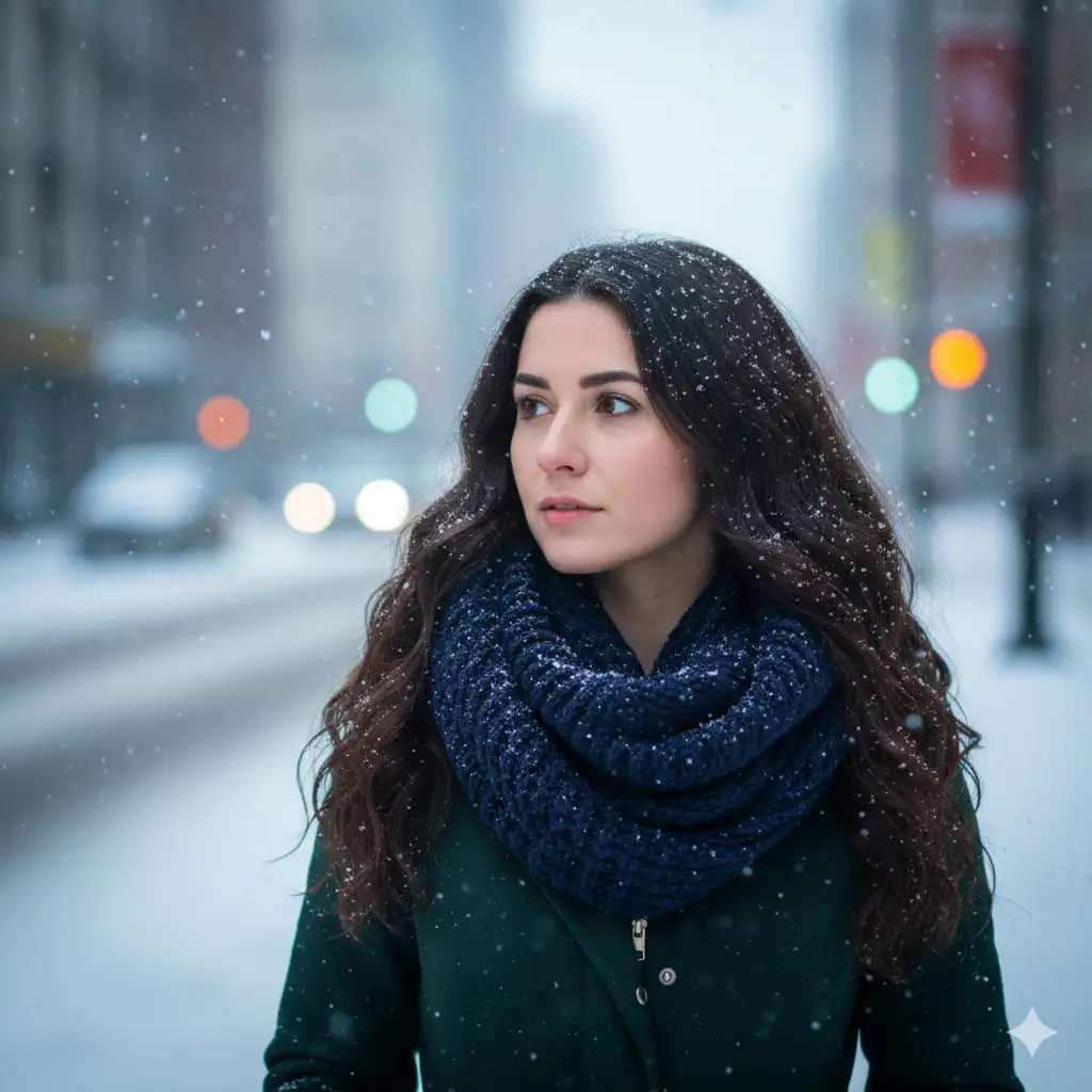 Create a photo of young woman standing outdoors on a snowy winter street, captured in a soft, cinematic portrait. She has long, dark, wavy hair with snowflakes gently settling on it. Her expression is calm and thoughtful as she looks slightly to the side, not directly at the camera. She wears a deep green winter coat and a thick, textured navy scarf wrapped warmly around her neck. Flurries of snow fall around her, creating a serene, atmospheric scene. The background shows an out-of-focus city street with muted tones and subtle bokeh lights, giving the entire composition a quiet, contemplative mood. Soft natural lighting, shallow depth of field, and a cool color palette emphasize the winter ambiance. Ultra-realistic, high-resolution portrait photography, 85mm lens aesthetic, blurred urban backdrop.