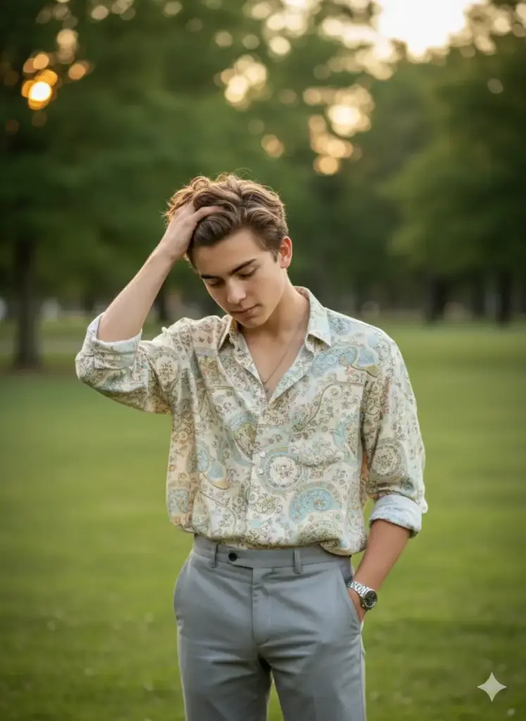 Create photo of a teenager standing in a lush green park with blurred trees and soft natural light in the background. He wears a loose, pastel-patterned button-up shirt with an artistic, vintage print in tones of cream, light blue, and soft yellow, paired with light gray trousers. His expression is calm and introspective, with his eyes cast downward and one hand gently running through his curly hair. The other hand rests casually in his pocket, showing a silver wristwatch and a subtle chain around his neck. The overall mood is relaxed, dreamy, and contemplative, with a gentle breeze adding a touch of movement to the scene.