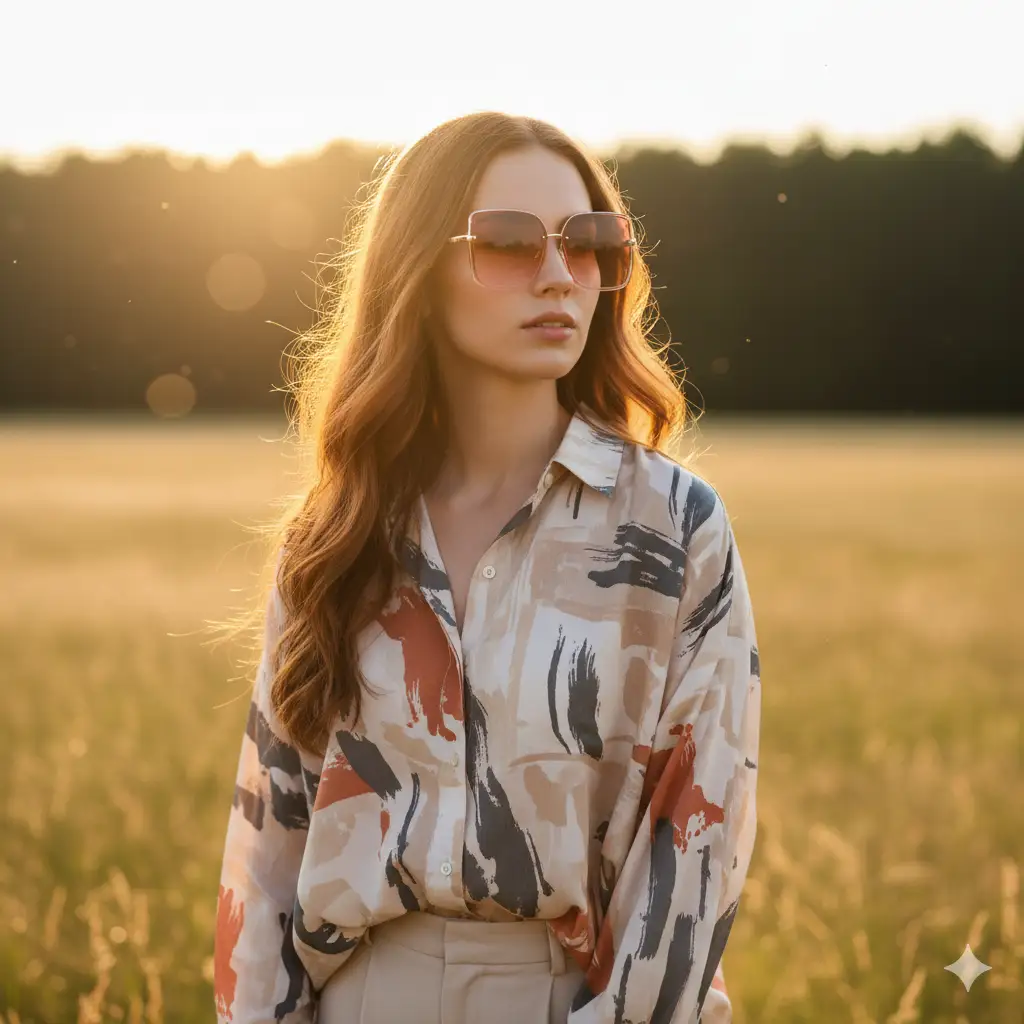 Create a warm, intimate portrait of a young woman sitting indoors, resting her chin on her hand as she gazes calmly into the camera. She wears a cozy black knit sweater and a simple pendant necklace, illuminated by soft golden-hour sunlight streaming from the side. The light creates a gentle orange glow and natural highlights in her hair, casting a serene and inviting mood. The blurred background hints at indoor plants and a softly lit space, adding to the relaxed, homely atmosphere. The overall tone feels introspective, elegant, and tranquil.
