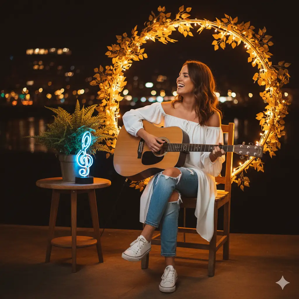 Create a lively night-time portrait of a young woman sitting on a wooden chair outdoors, playing an acoustic guitar with a warm smile. She wears a white off-shoulder top, ripped blue jeans, and white sneakers, exuding a relaxed and joyful vibe. Behind her, a glowing circular frame decorated with golden leaves and string lights forms a radiant halo, adding a magical touch to the composition. To her side, a small table holds a potted plant with a neon treble clef light, subtly reinforcing the musical theme. The background features soft, blurred city lights that create a bokeh effect, giving the entire scene a vibrant, cinematic warmth.