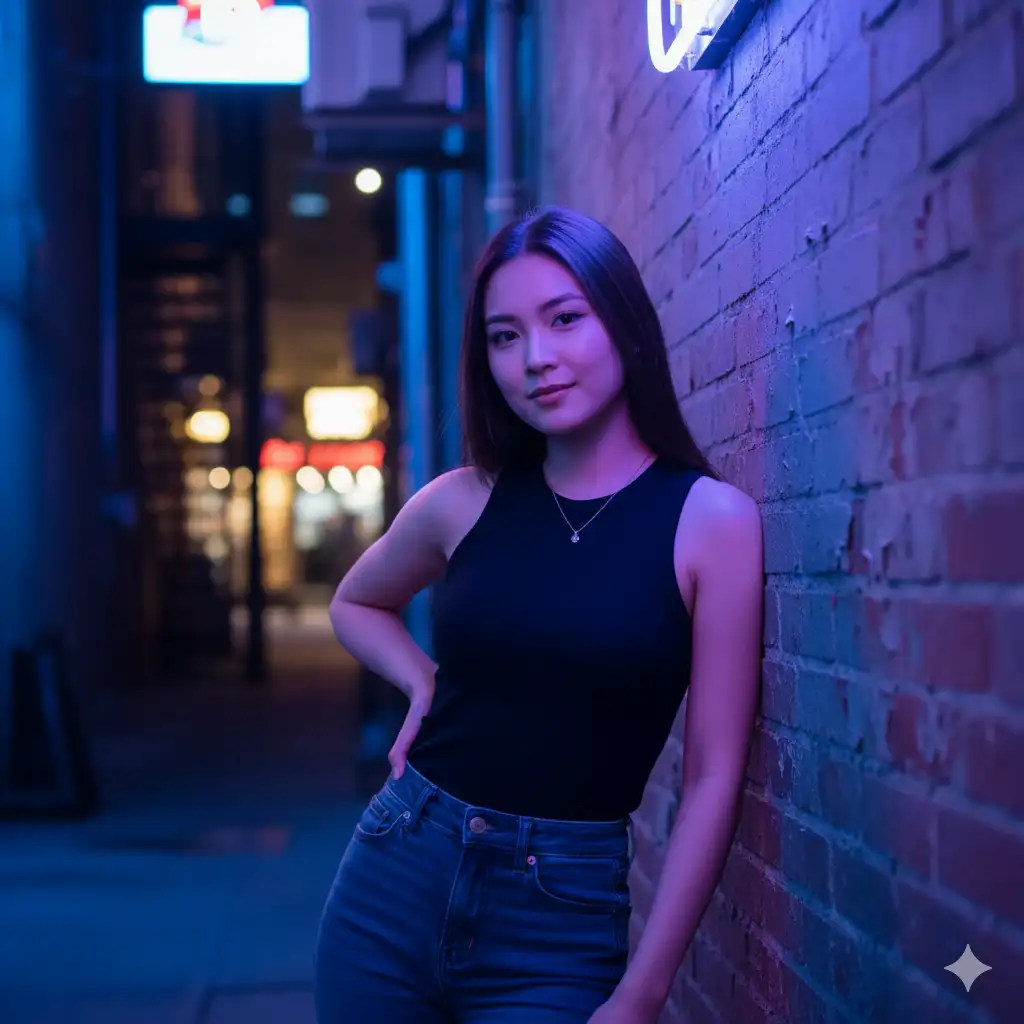 Create photo of a young woman stands in a narrow alley illuminated by vivid blue and purple neon lighting. She leans casually against a brick wall, her posture relaxed and confident. She wears a black sleeveless top and high waisted jeans, with one hand resting on her hip and the other hanging naturally at her side. Her long straight hair reflects the colorful light, creating soft gradients across her face and shoulders. She looks toward the camera with a gentle, calm expression. The background is softly blurred with hints of industrial shapes and ambient light, giving the scene a moody urban atmosphere. Capture a vibrant night portrait with strong colored lighting, shallow depth of field, textured brick details, and a relaxed, modern feel.