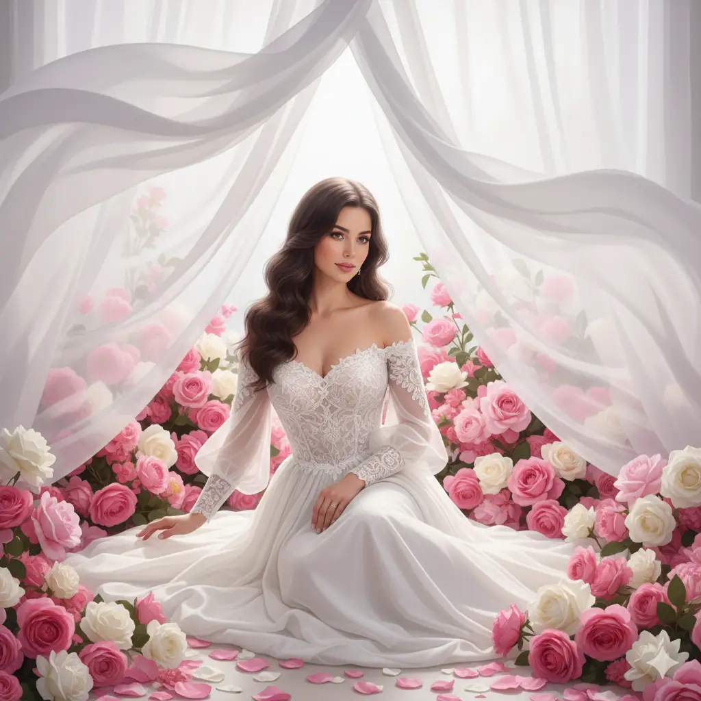 Create a stunning bridal-style photo of a woman seated gracefully among an abundance of soft pink and white roses beneath flowing white drapery. She wears an elegant off-shoulder white gown with lace embroidery and sheer sleeves, exuding timeless sophistication and poise. Her long, wavy dark hair cascades over her shoulder, framing her serene expression and flawless complexion. The lighting is soft and diffused, creating a delicate, ethereal glow that enhances the romantic setting. The floral arrangement surrounds her like a blooming garden, giving the entire composition a dreamy, fairytale-like atmosphere.