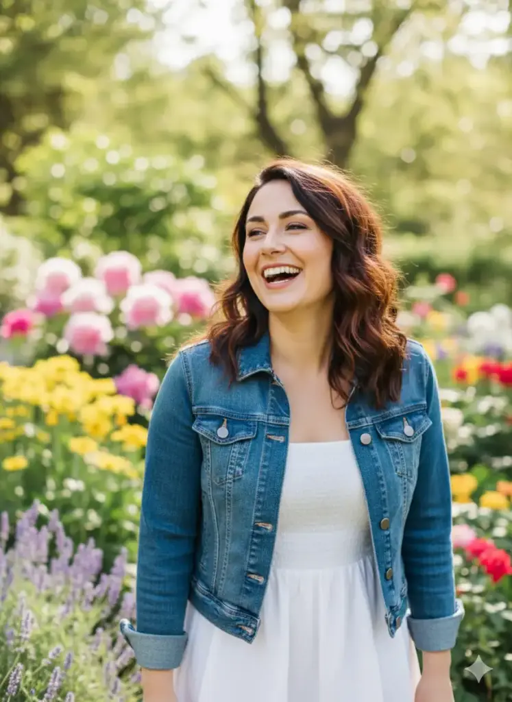 Create a bright, cheerful, and natural profile picture for social media, based on my photo of a woman. She is wearing a casual and stylish denim jacket over a simple white sundress, perfect for a sunny day. The background is a vibrant garden in late spring, filled with colorful flowers that are beautifully blurred into soft bokeh effects. The scene is lit by bright, natural daylight that makes her features shine and creates a feeling of happiness. Capture her in a candid moment, with a joyful, laughing expression, looking slightly away from the camera in a composition that feels spontaneous and full of life.