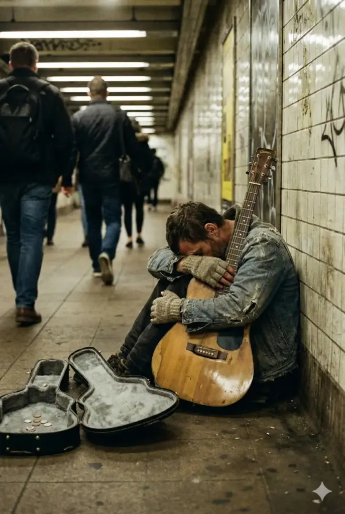 Create a gritty, street-photography style image with an aspect ratio of 2:3. The subject is a male street musician sitting on the concrete ground of a subway station tunnel. His guitar case is open in front of him, but it contains only a few coins. He is not playing; instead, he is resting his head on his knees, hugging his acoustic guitar close to his chest as if it is his only friend. He wears a worn-out denim jacket and fingerless wool gloves. The background is tiled and grimy, with people walking past as blurred, indifferent shapes. The color tone should be desaturated and earthy, using dirty browns, greys, and muted yellows.