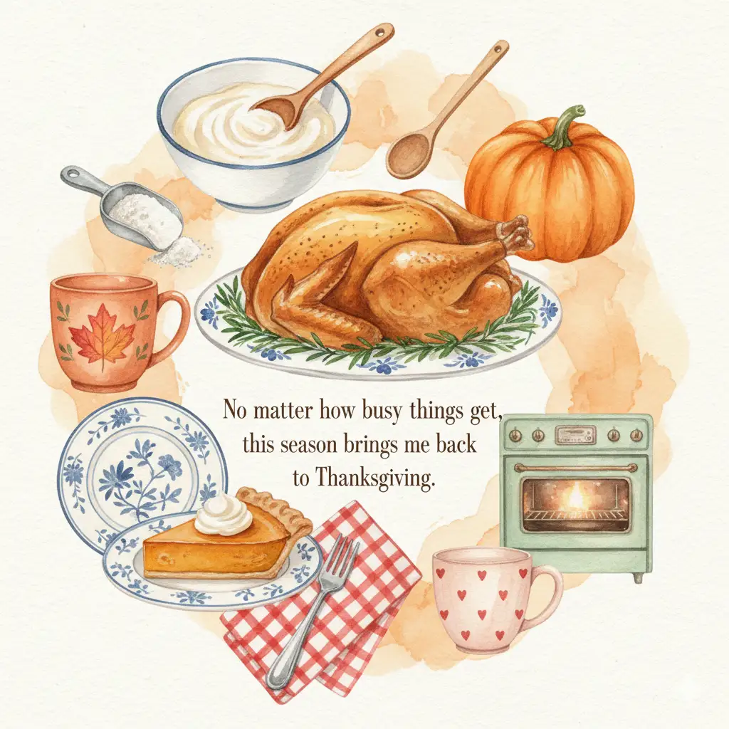 Create a cozy, watercolor-style Thanksgiving collage composed of individually painted kitchen items, foods, and seasonal elements arranged around a centered quote. At the top, include a bowl of white batter with a wooden spoon, a long wooden stirring spoon, and a small measuring scoop filled with flour. Add a warm-toned mug decorated with a hand-painted maple leaf and a soft orange pumpkin with gentle shading. In the center, place a beautifully roasted Thanksgiving turkey on a floral-adorned serving platter, featuring herbs and greenery around the base. Below the turkey, include the quote in elegant serif typography: 'No matter how busy things get, this season always brings me back to Thanksgiving.' Surround the bottom portion with additional watercolor items: a slice of pumpkin pie topped with whipped cream, a blue-and-white patterned ceramic plate, a silver fork, a red gingham napkin, a vintage-style green oven with a glass door, and a pink mug patterned with delicate hearts.