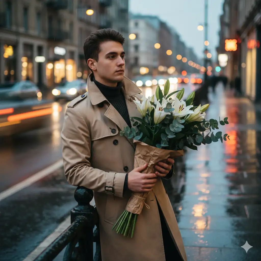 Create a cinematic photo of a young man waiting on a rain-slicked city street at dusk. He is wearing a classic beige trench coat over a dark turtleneck sweater. In his arms, he holds a large, impressive bouquet of white lilies and dark green eucalyptus, wrapped in simple brown paper. The city lights and neon signs are reflected in the puddles on the cobblestone street. His pose is one of quiet anticipation, leaning slightly against a black iron railing, his gaze fixed down the street as if waiting for someone. The background is a blur of passing cars and glowing storefronts, creating a romantic and slightly moody atmosphere.