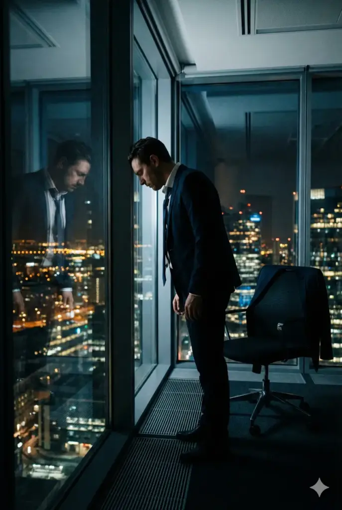 Create a realistic, moody photograph with an aspect ratio of 2:3. The subject is a man in a business suit standing in a high-rise office building at night. The office lights behind him are off; the only light comes from the city skyline outside the floor-to-ceiling glass window. He has his forehead pressed against the glass, his tie is loosened, and his suit jacket is thrown on a chair in the background. His reflection in the glass shows a face of utter exhaustion and hopelessness. The focus should be on the contrast between the glittering, beautiful city lights and the dark, isolated silhouette of the man. Use a palette of cold steel blues, blacks, and amber city lights.