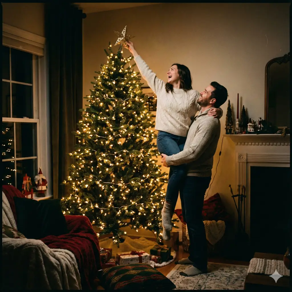 Create a playful and candid photo with an aspect ratio of 1:1 of a couple decorating a large Christmas tree. The man is lifting the woman up so she can place the star topper on the highest branch. She is laughing, looking down at him, while he looks up at her with a smile. The room is illuminated only by the string lights on the tree, creating a dramatic and cozy chiaroscuro effect.