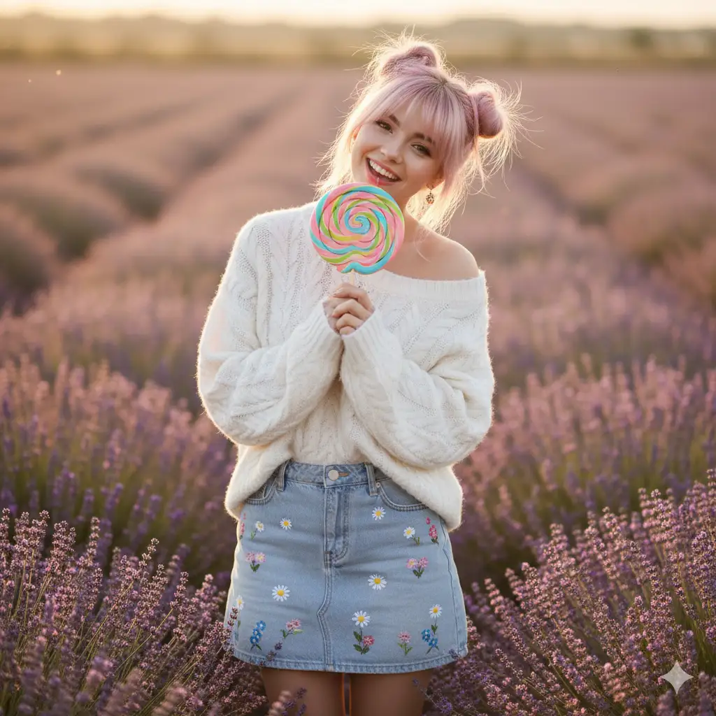 Create a full-body photo of a cute girl with pastel pink hair tied in two loose, messy buns. She is wearing an oversized, fluffy white sweater that slips off one shoulder, paired with a light blue denim skirt with small, embroidered flowers. Her pose is playful and sweet; she is holding a large, colorful lollipop with both hands near her face, looking at the camera with a cheerful, open-mouthed smile and a slight head tilt. The background is a soft-focus field of blooming lavender under a warm, golden hour sun, creating a dreamy and gentle atmosphere. The composition is a medium-long shot, capturing her full outfit and the beautiful scenery, with a shallow depth of field to make her the main focus.