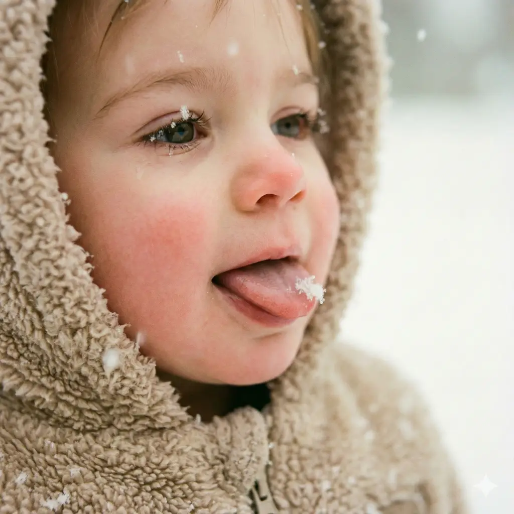 Create a macro-style, detailed photo with an aspect ratio of 1:1 of a toddler experiencing snow for the first time. The child is bundled in a thick snowsuit resembling a teddy bear. The focus is tight on the child's face as they stick their tongue out to catch a falling snowflake. The background is a soft, creamy white blur of falling snow. The lighting is diffuse and soft, capturing the innocence and texture of the child's rosy cheeks and eyelashes.