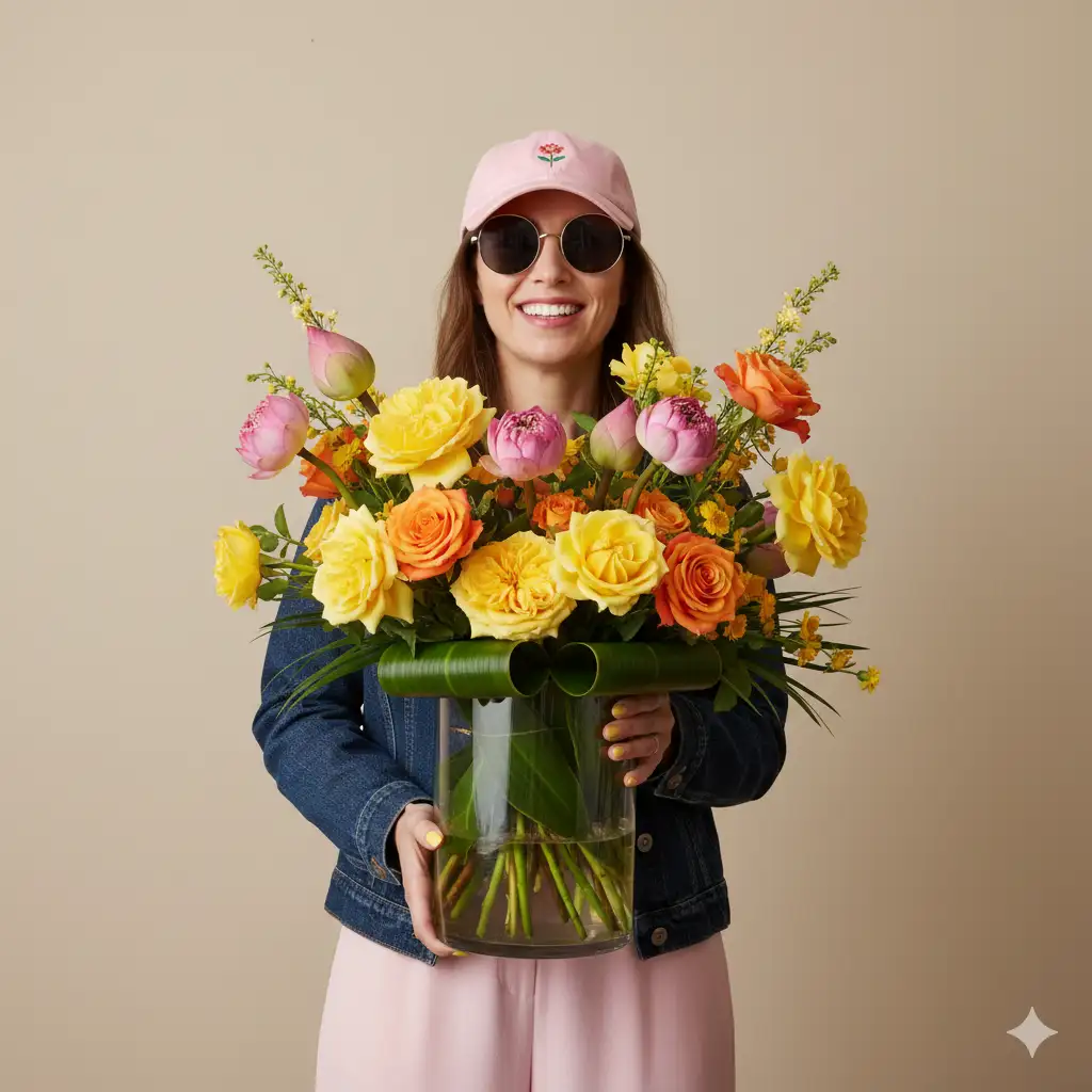 A vibrant portrait of a smiling woman standing against a simple beige wall, holding a glass vase brimming with colorful flowers. The arrangement features lush yellow and orange roses, pink lotus buds, and touches of greenery, artistically arranged with tropical leaves wrapping inside the vase. She wears a casual yet stylish outfit, a dark jacket, light pink pants, and a pastel pink baseball cap with a small embroidered design. Oversized sunglasses frame her face, and she has a confident, friendly smile. Her nails are painted a soft yellow, complementing the floral palette. The scene feels modern and joyful, with a fresh springtime energy that celebrates color, life, and individuality.