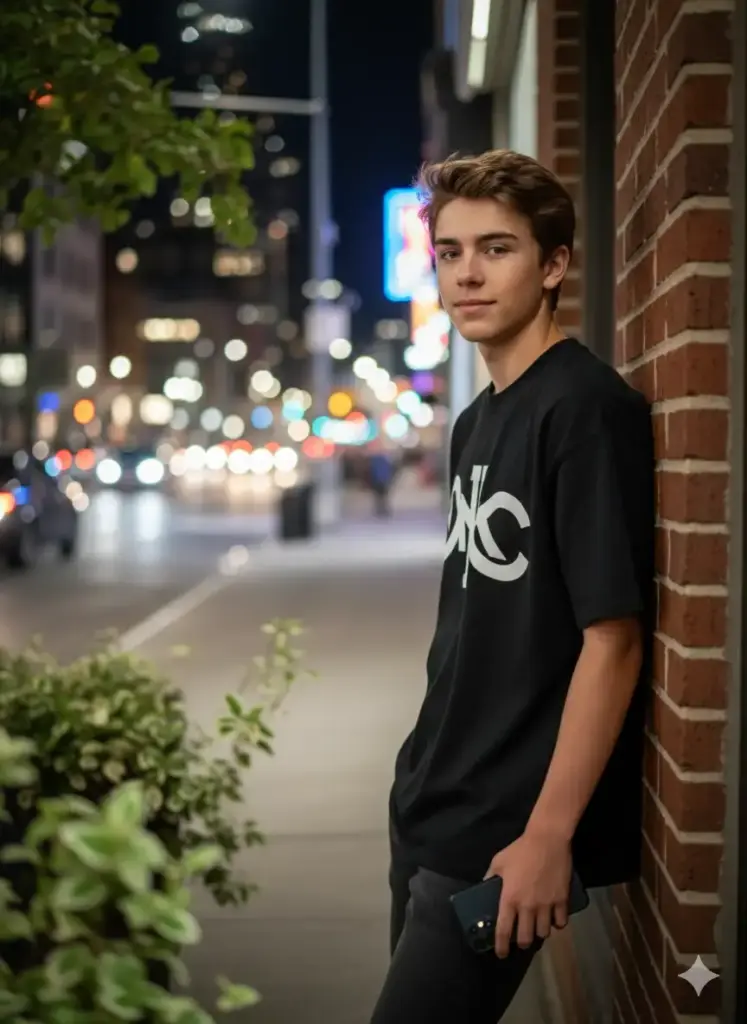 Create photo of a stylish teen boy standing outdoors at night, leaning casually against a brick wall on a city street. He wears a black oversized T-shirt featuring a bold white designer logo on the front, paired with dark jeans. In his hand, he holds a modern smartphone. His expression is confident yet relaxed. The background features vibrant city lights and bokeh effects, creating a cinematic, urban-night aesthetic. Soft reflections and blurred signage add depth, while faint green leaves in the foreground enhance the composition's realism and texture.
