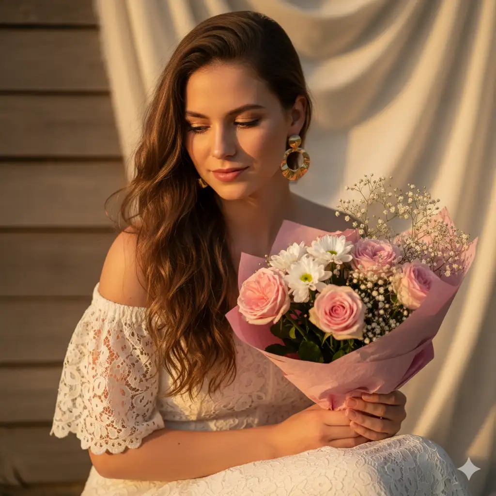 A serene portrait of a young woman sitting in warm golden sunlight, holding a bouquet of fresh flowers wrapped in soft pink paper. She has long, wavy brown hair cascading over one shoulder and is dressed in an elegant off-shoulder white lace dress. Her eyes are lowered in a gentle, reflective expression, a subtle smile touching her lips. She wears bold, gold statement earrings that catch the light. The bouquet features a delicate mix of pink roses, white chrysanthemums, and breath. The background is softly blurred, with hints of wood textures and draped fabric, adding a cozy, rustic atmosphere. The lighting is natural and golden-hour warm, creating soft highlights on her hair and skin.