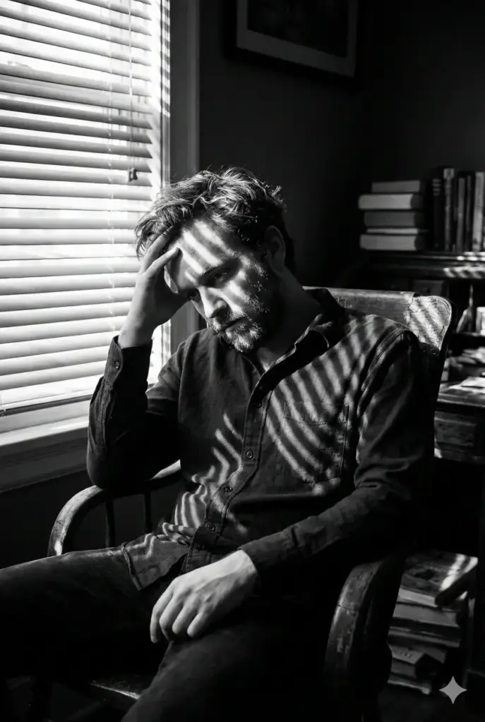Create a moody black-and-white portrait photo of a man sitting near a window with horizontal blinds, through which sunlight filters dramatically across his face and body. The man has a thoughtful, introspective expression, resting one arm casually on his head. His slightly tousled hair and well-groomed beard are softly highlighted by the stripes of light and shadow that create a cinematic contrast across the frame. He wears a dark button-up shirt, blending subtly with the shadowed background. The atmosphere feels intimate and contemplative, evoking quiet emotion and artistic solitude. Use 2:3 aspect ratio.