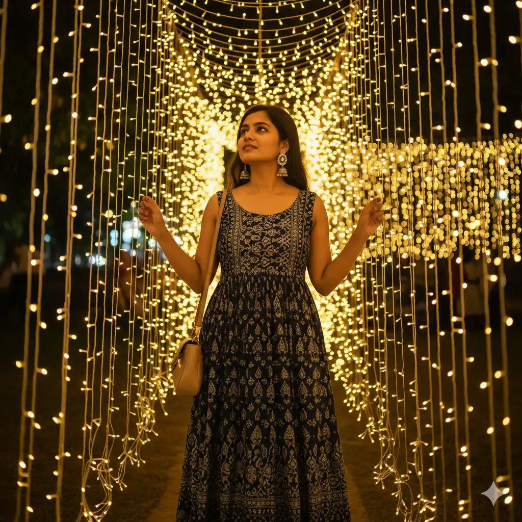Create a glowing night portrait of a young woman standing amidst cascading golden fairy lights, creating a magical, festive atmosphere. She wears a sleeveless navy-blue dress with an elegant white traditional pattern and accessorizes with silver jhumka earrings and a small beige shoulder bag. Her expression is serene and radiant as she gazes slightly upward, illuminated beautifully by the warm golden lights that surround her. The soft bokeh of the lights forms a dreamy, sparkling backdrop, enhancing the warmth of the scene and giving it a cinematic, celebratory charm.