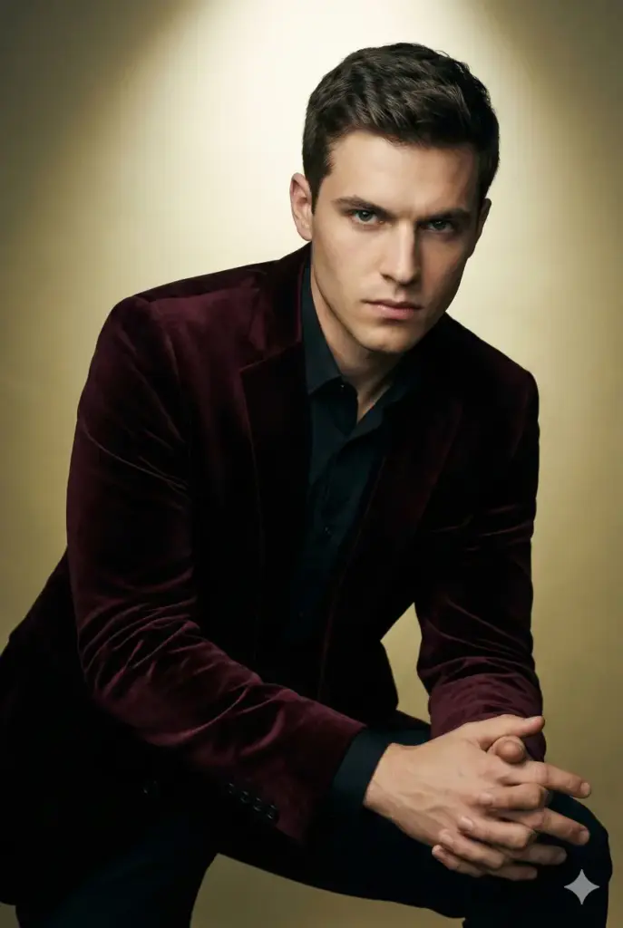 Create a studio portrait of a young man leaning slightly forward with hands clasped together, giving sharp direct eye contact. He wears a deep burgundy velvet jacket over a fitted black shirt. Add a subtle shine to the jacket fabric. Use dramatic studio lighting with a bright top spotlight and low side fill to create sculpted shadows. Background should be a muted golden gradient. Use aspect ratio 2:3.