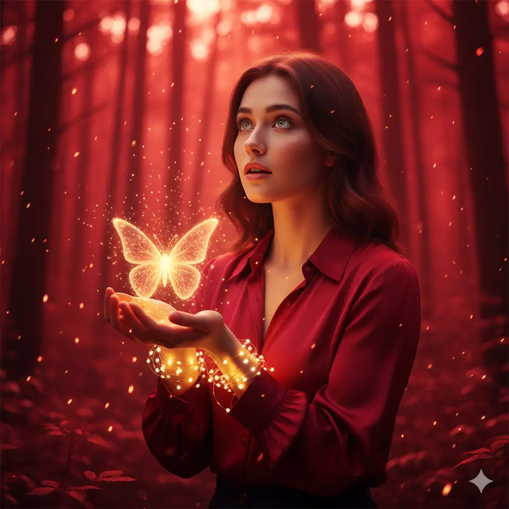 Create a dreamy, cinematic portrait of a young woman standing in an enchanted forest bathed in deep red light. She gazes upward in wonder, gently cupping her hands around a glowing, ethereal butterfly made of light and sparkles. A delicate string of fairy lights wraps softly around her wrists and fingers, casting a warm, golden illumination on her face. She wears a silky crimson blouse that harmonizes with the surreal, monochromatic atmosphere of the forest. The blurred background features tall trees and softly falling light particles, enhancing the feeling of magic and mystery. The overall mood is mystical, tender, and awe-inspiring, as if she's holding a piece of light within a world painted in shades of red.