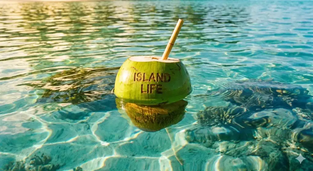 Create a photograph of a vibrant green coconut with a straw in it half-submerged in crystal clear water, showing the distortion and reflection at the water's surface, ripples catching the sunlight.