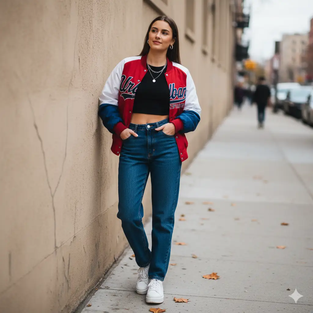 Create a stylish urban street portrait of a young woman leaning casually against a textured beige wall on a city sidewalk. She wears a trendy cropped black top, high-waisted loose-fit navy jeans, and a red, white, and blue bomber jacket with graphic lettering. Her white sneakers and minimalist jewelry add a touch of relaxed sophistication. She poses confidently with her hands in her pockets, exuding effortless cool. Autumn leaves are scattered on the pavement, and soft, diffused daylight highlights the textures and colors around her.