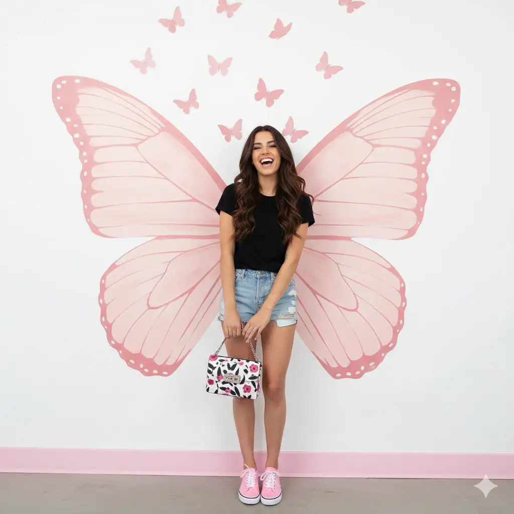 Create photo of a cheerful young woman stands in front of a bright wall mural featuring large, vivid pink butterfly wings that align perfectly with her back, giving the illusion that she has butterfly wings. The wall behind her is white with a pink base border and small pink butterflies fluttering above her head. She is smiling confidently, wearing a black t-shirt, light blue ripped denim shorts, and pink sneakers. Her long, wavy hair falls naturally over her shoulders, and she holds a small patterned purse in one hand. The overall atmosphere is playful, creative, and full of charm, with a clean, studio-like background emphasizing the vibrant pink tones of the wings and shoes.