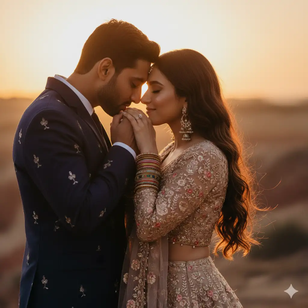 A tender romantic portrait photo of a couple sharing an intimate moment at sunset in a softly glowing outdoor setting. The man, dressed in an elegant navy blue embroidered suit, gently holds the woman's hands and leans in to kiss them, eyes closed in affection. The woman, wearing a delicate floral embroidered traditional outfit with golden and pink details, closes her eyes with a serene smile. Her long wavy hair flows naturally, and she wears ornate earrings and colorful bangles that catch the golden light. The warm sunlight bathes them from behind, creating a soft halo effect and illuminating the scene with dreamy golden hues. The background is blurred, suggesting sandy or rocky textures, emphasizing the couple's emotional connection. The atmosphere feels poetic, pure, and deeply romantic.
