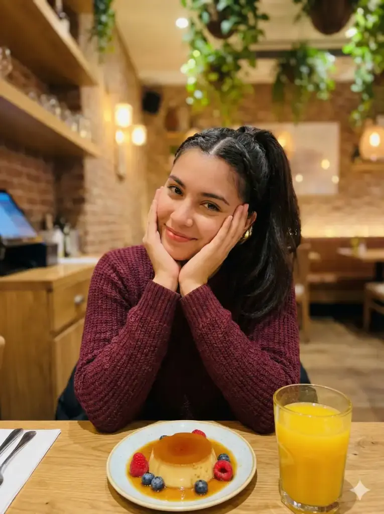 Create photo of a young woman sits at a restaurant table with her elbows resting on the surface, her face gently propped up by both hands in a sweet, relaxed pose. She wears a deep burgundy long-sleeve top with a soft, textured fabric. Her hair is styled in a neat high ponytail with a small braid at the front adding detail. She smiles softly with warm, expressive eyes, giving the scene a friendly and inviting charm. On the table in front of her is a plate with a perfectly set caramel flan topped with fresh berries, alongside a clear glass of bright orange juice. The background is softly blurred, revealing a stylish, warmly lit interior with wooden shelves, brick textures, soft ambient light, and green plants adding atmosphere. Use 3:4 aspect ratio.