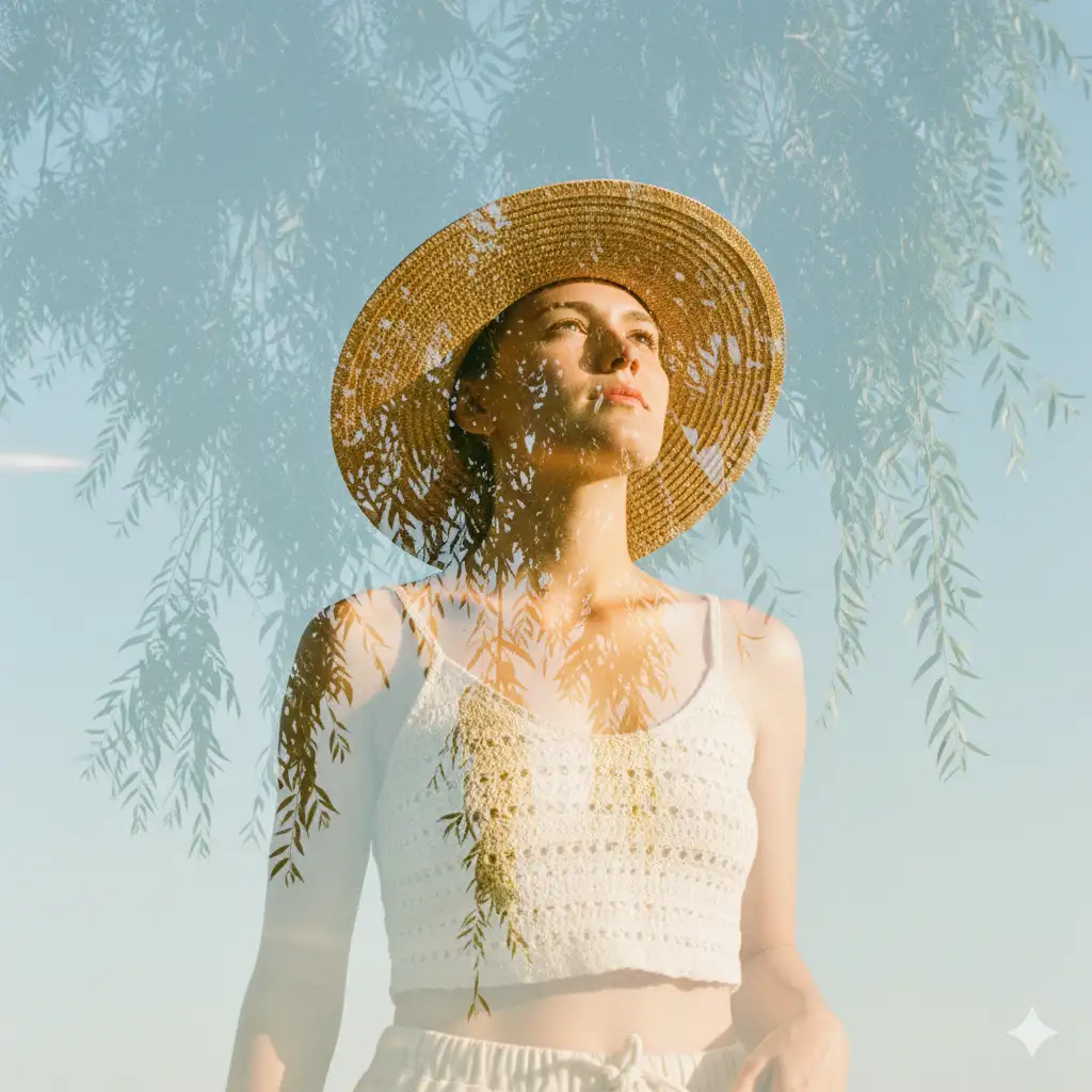Create a soft, sunlit double-exposure portrait featuring a person standing confidently outdoors, viewed slightly from below, wearing a wide-brimmed hat and a cropped top. Blend the subject seamlessly with delicate tree branches and hanging leaves, so the foliage overlays their face, hat, and torso like a translucent organic pattern. The branches should appear light and feathery, with fine details visible against a pale blue sky. Use warm, natural daylight that casts gentle highlights along the face and hat brim, creating a calm, reflective mood. Let the person's expression remain serene and upward-looking, as if quietly observing the sky. Maintain a dreamy, film-like aesthetic with soft focus, subtle grain, and gentle flares of sunlight. Allow the shapes of hands and clothing to faintly merge with the tree textures, reinforcing the theme of harmony between human presence and nature. Keep the overall tone airy, poetic, and grounded in the beauty of the outdoors.