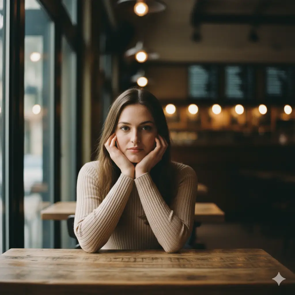 Create a moody, cinematic portrait of a young woman sitting alone at a rustic wooden café table, framed by soft natural light filtering through large windows. She rests her face gently in her hands, gazing directly at the camera with a calm yet introspective expression. She wears a fitted ribbed light beige sweater that contrasts beautifully with the warm, dim tones of the café interior. Behind her, blurred background lights form a soft bokeh trail, adding depth and atmosphere. The overall tone of the image evokes quiet contemplation, warmth, and intimacy, with a subtle vintage aesthetic enhanced by muted colors and natural textures.