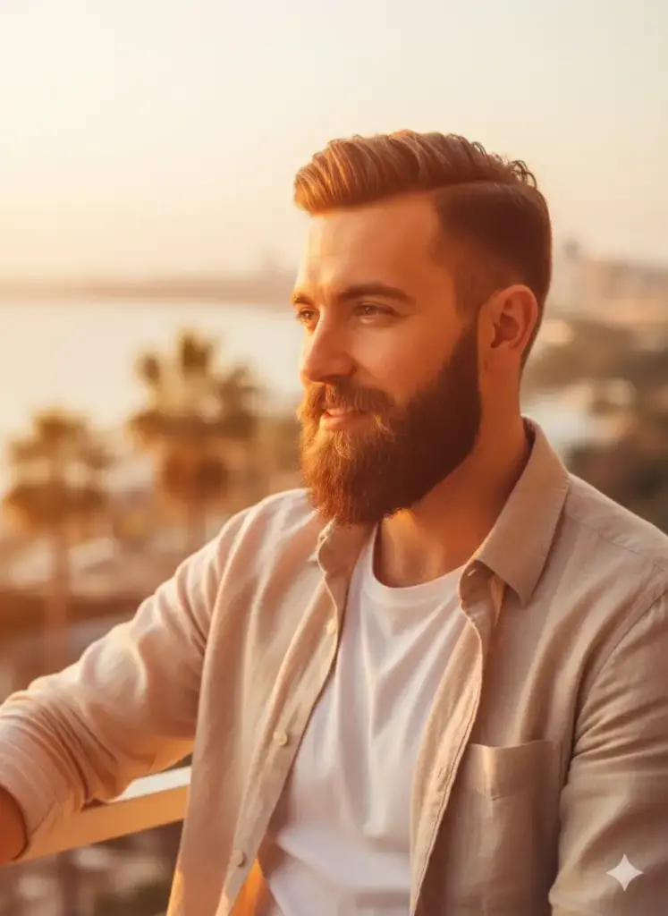 Create a warm and aesthetic profile picture for Instagram, based on my photo of a man, capturing a relaxed lifestyle moment. He is dressed in a casual, unbuttoned linen shirt over a white t-shirt. The setting is an outdoor cafe or a scenic balcony during the golden hour, with the setting sun casting a warm, beautiful glow over the entire scene. The background should be softly blurred, showing hints of a beautiful city skyline or a beach. The lighting is the hero here—that perfect, hazy, late-afternoon sunlight that creates a soft flare and makes everything look cinematic and inviting. He should be captured in a candid, relaxed pose, smiling softly as he looks just past the camera.