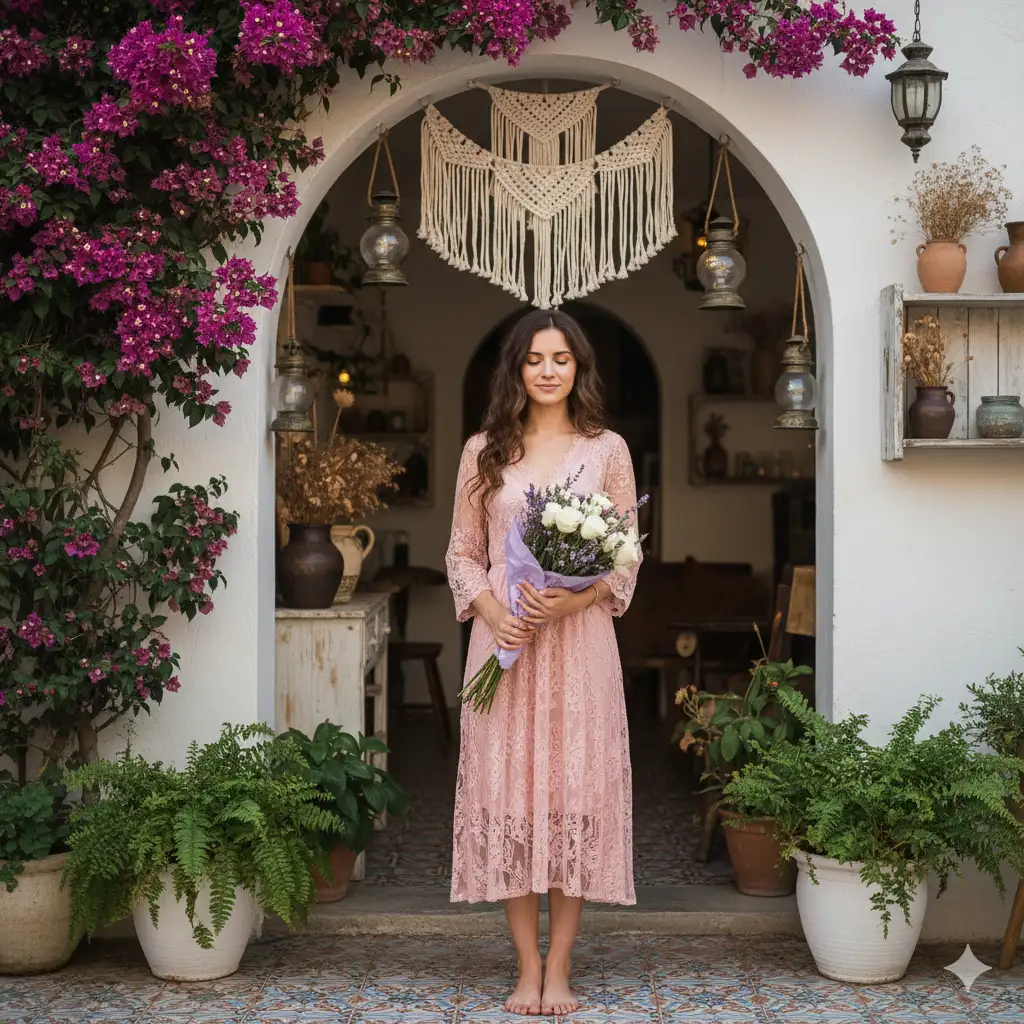 A serene portrait of a young woman standing gracefully in front of a bohemian-style café entrance. She wears a soft pink lace dress that flows elegantly to mid-calf, holding a small bouquet of white and purple flowers wrapped in lilac paper. Her long dark hair cascades naturally over her shoulders, and she appears calm and content, with a faint smile and eyes gently closed as if savoring the moment. The setting features a white stucco archway adorned with macramé drapes, hanging lanterns, and touches of rustic décor. A bougainvillea tree with purple blossoms leans gently from the left, framing the scene with vibrant color. Lush green plants sit in white pots near her feet, adding to the peaceful, natural atmosphere. The floor beneath her is patterned in vintage tiles, and soft daylight filters through, illuminating the scene with a dreamy, Mediterranean charm.