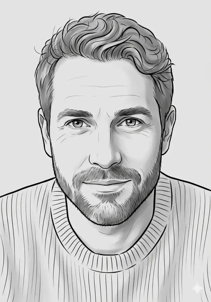 Create a clean black and white vector sketch portrait of the person in this photo in a minimalist style. Show the head and upper shoulders. Use smooth shading and bold contour lines with a balanced mix of realism and simplicity. The expression should be confident and calm. The background should be plain light gray or white. The art style should look like a digital ink drawing with subtle gradients for depth.