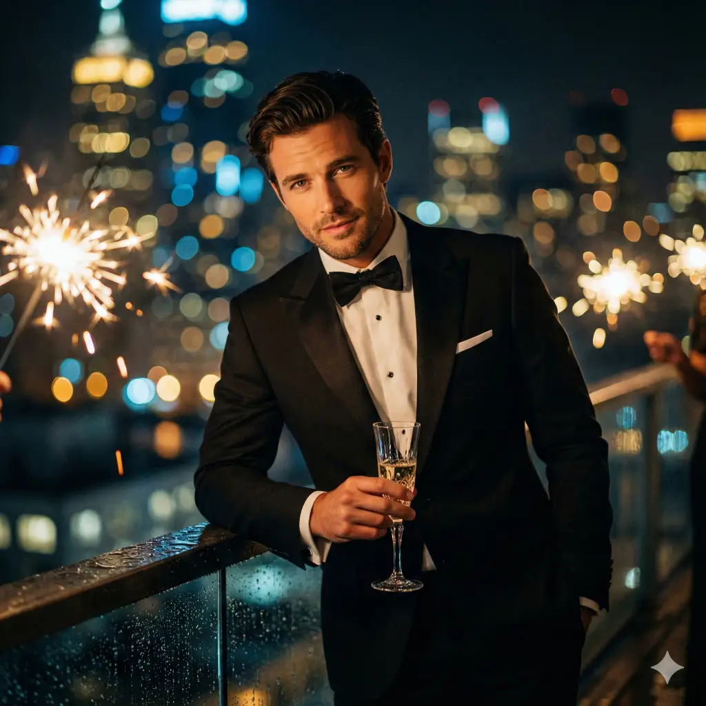 Create a cinematic, moody photo with an aspect ratio of 1:1 featuring a stylish man at an upscale New Year's Eve party. He is wearing a sharp black tuxedo with a bowtie and is holding a crystal champagne flute. He is leaning casually against a balcony railing, looking deeply into the camera with a charming expression. The background is out of focus but shows the glitter of sparklers and blurred city lights in the distance, suggesting a high-rise rooftop setting with a celebratory atmosphere.