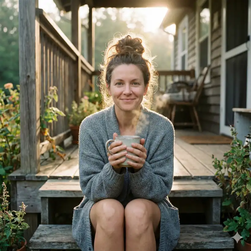 Create a gentle, realistic morning portrait of a woman in her 40s sitting on a wooden porch step. She is holding a ceramic mug with both hands, steam rising from it. She is not wearing any makeup; her hair is in a messy top-knot, and she is wearing an oversized grey knitted cardigan. The lighting is soft, morning sunlight coming from behind her (backlit), creating a "halo" effect on her hair but leaving her face in soft shadow. Use a reflector fill look so her face is visible but low contrast. Aspect ratio: 1:1.