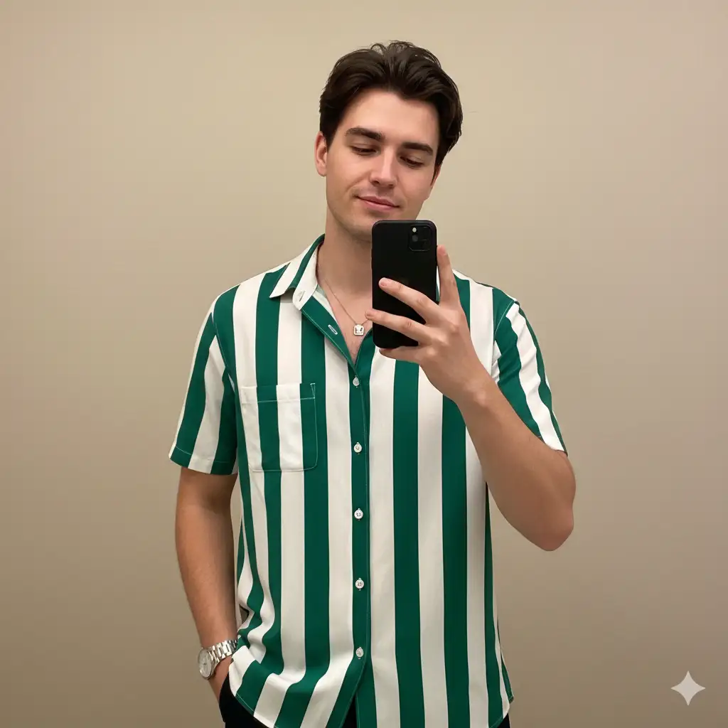 A modern mirror selfie of a young man standing against a clean, neutral background. He has well-styled, slightly tousled hair and a calm, confident expression. He wears a short-sleeved shirt with bold vertical green and white stripes, giving a fresh and fashionable appearance. A silver wristwatch on his left wrist and a thin necklace with a subtle pendant add stylish accents. He holds a black smartphone in one hand, partially covering his face, while his posture remains relaxed and natural. The lighting is soft and even, emphasizing the crisp contrast of the striped shirt and the reflective metallic accessories. The composition feels minimalist yet expressive. Don't show the mirror.