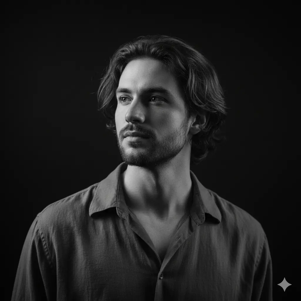 Create a monochrome portrait of a young man posed against a dark, minimal background. His head is tilted slightly as he gazes off to the side with a calm and introspective expression. Soft directional lighting highlights one side of his face and neck, creating smooth gradients and gentle shadows. He has wavy, tousled hair that adds movement and texture to the composition, along with a short beard that catches subtle highlights. He wears a loose dark shirt with a relaxed open collar, the fabric showing fine texture under the light. The overall mood is quiet, atmospheric, and refined with an emphasis on shape, contrast, and soft cinematic lighting.