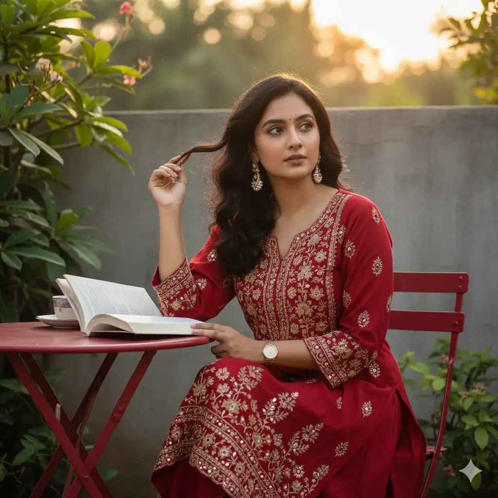 Create photo of a young woman sitting at a small red round table, holding an open book in one hand while gently touching her hair with the other. She wears a beautiful red embroidered kurta with delicate embellishments, paired with pearl earrings and a gold wristwatch. Her expression is calm and thoughtful, as she gazes to the side, lost in contemplation. The background features soft natural light, green foliage, and a muted concrete wall, creating a peaceful, intimate atmosphere. The overall composition highlights her poise, simplicity, and quiet elegance.