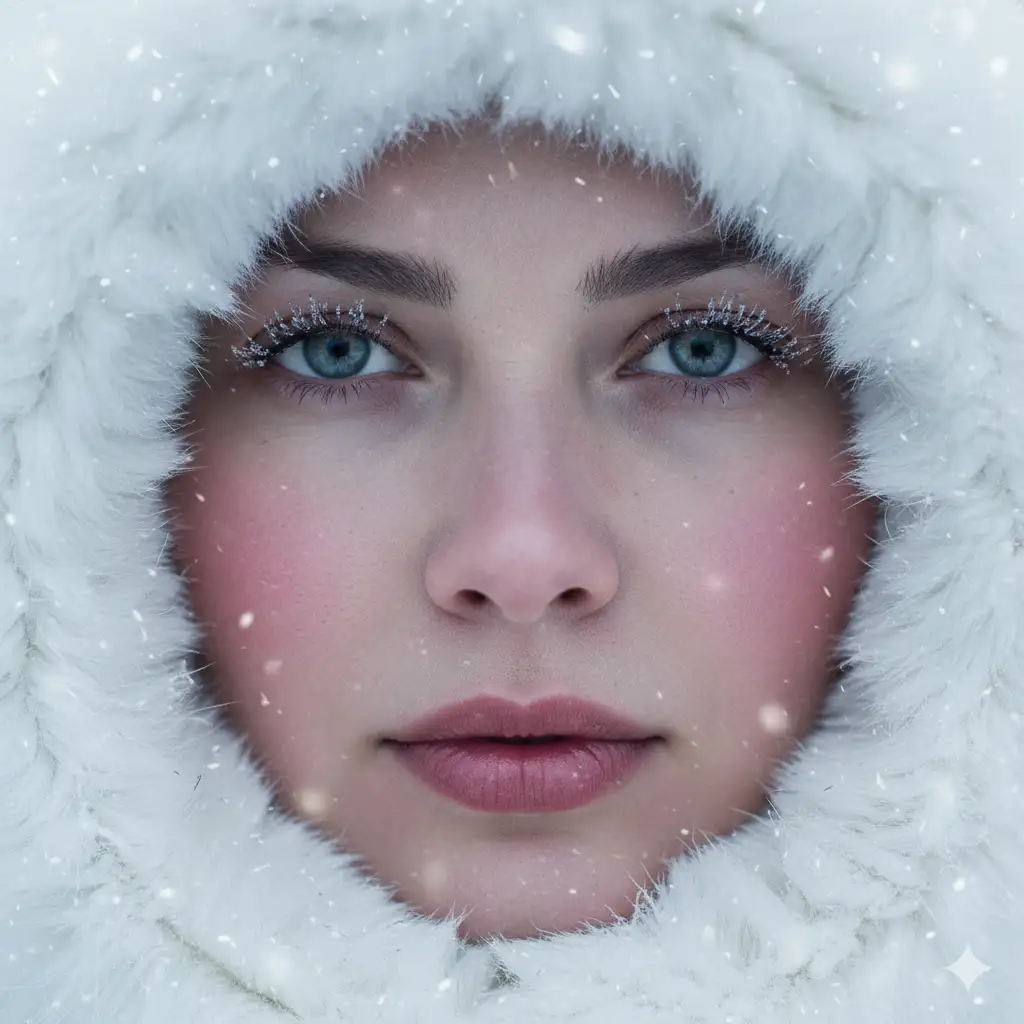 Create a hyper-detailed winter portrait of a woman shot in extreme close-up, centered on her face. She wears a soft, fluffy white hood that frames her features, with delicate snowflakes settling on the fur and lightly falling across the scene. Her skin has a natural, rosy flush from the cold, and her expression is calm and direct. She has well-defined eyebrows, long lashes, and striking light-colored eyes that reflect the soft winter light. Her lips are full and naturally tinted, with subtle texture visible. The background is softly blurred, keeping all attention on her face and the fine details of the snow. Aim for crisp clarity on the eyes and fur hood, gentle diffusion on the falling snow, and a cool, muted color palette to enhance the serene winter atmosphere.