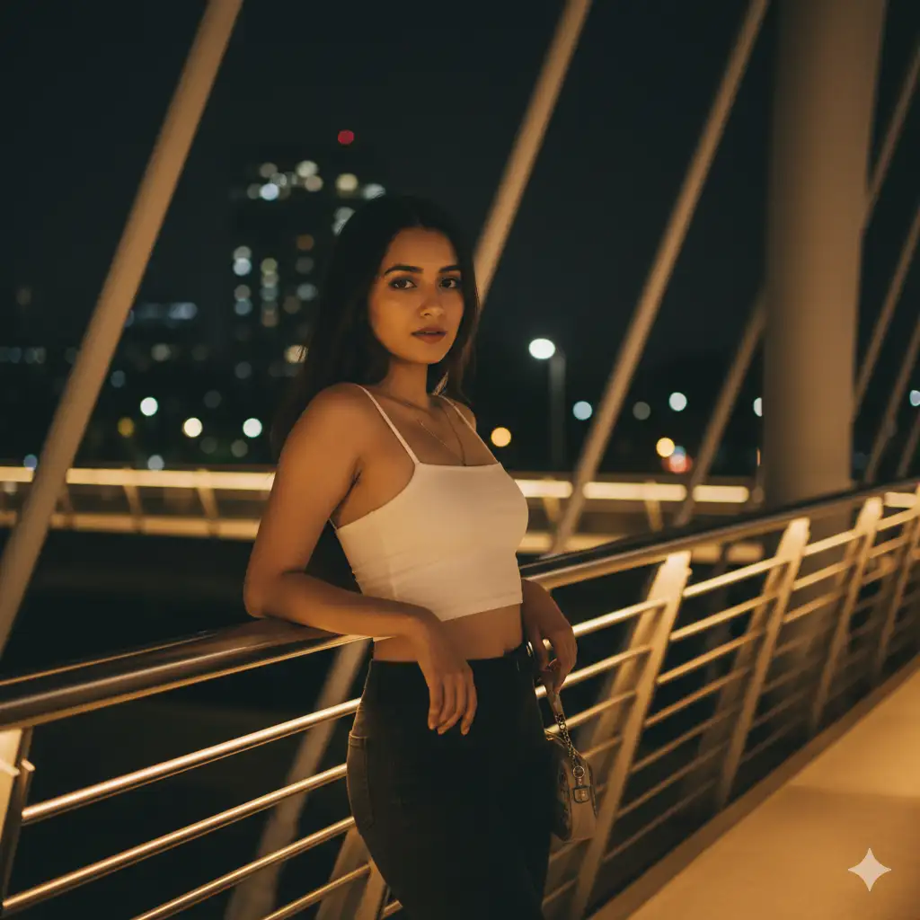 Create photo of a young woman stands on a modern pedestrian bridge at night, leaning against a metal railing with a relaxed yet confident posture. She wears a white cropped top and dark pants, with a small bag hanging from her wrist. Her long dark hair frames her face as she gazes toward the camera with a calm, steady expression. Warm yellow lighting from the bridge structure illuminates her skin and creates soft shadows across her figure. The background is dark with faint blurred lights that give a sense of nighttime city ambience. Capture a moody night portrait with warm directional light, soft contrast, shallow depth of field, and a contemporary urban setting.