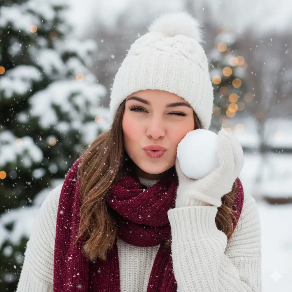 Create a cheerful winter portrait of a young woman outdoors during light snowfall. She's wearing a cozy cream-colored knit sweater, a matching white beanie with a fluffy pom-pom, and a thick burgundy scarf wrapped warmly around her neck. She playfully holds a snowball near her cheek while winking and puckering her lips in a cute, joyful expression. Snowflakes gently fall around her, landing softly on her hair and clothes. The background features blurred snow-covered trees, creating a dreamy, festive winter atmosphere full of warmth and charm.