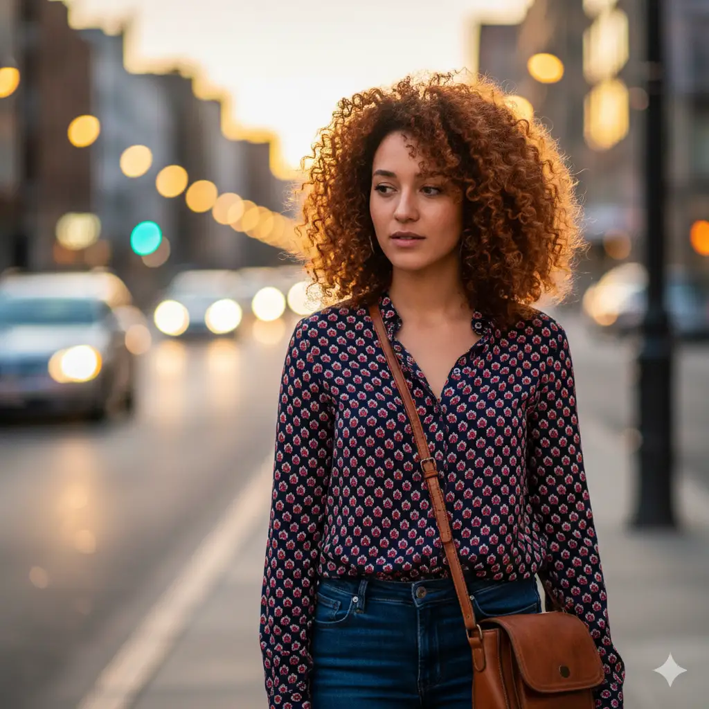 Create a candid outdoor portrait of a young woman with curly hair standing in a softly lit urban environment. She wears a navy blue patterned blouse with red and white geometric designs, paired with dark jeans and a brown crossbody bag. The background is beautifully blurred with circular bokeh lights, giving the scene a dreamy, cinematic effect. Her calm, thoughtful expression and natural posture convey quiet confidence and grace. The lighting highlights her skin tone and the texture of her curls, while the soft focus adds depth and warmth to the composition.