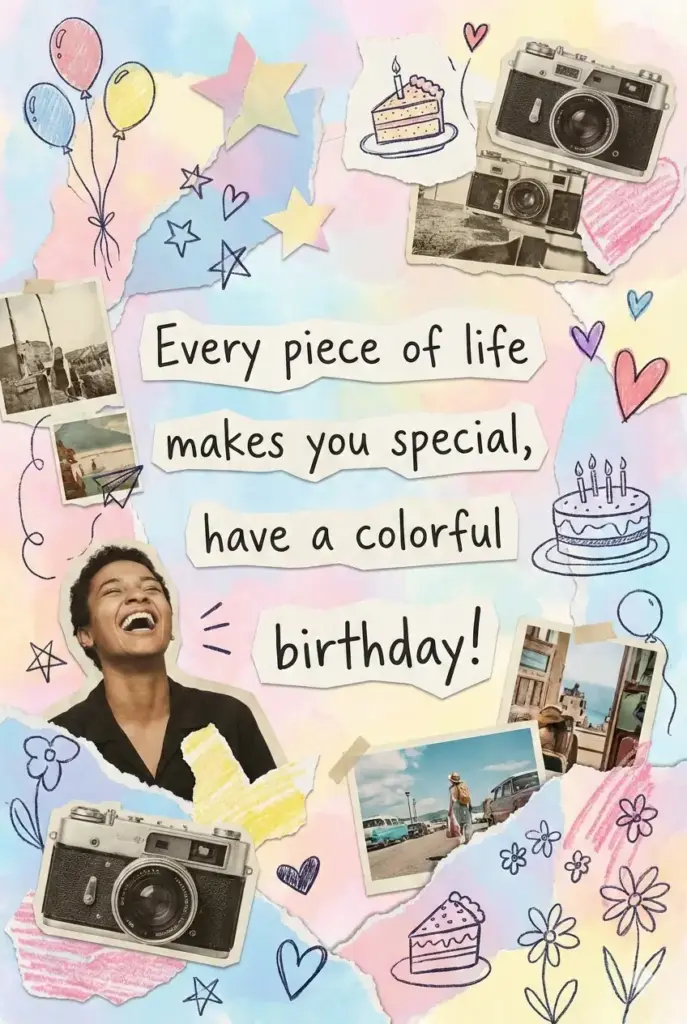 Create an artistic collage-style birthday card that combines paper textures, ripped edges, cut-out photos, and hand-drawn doodles. Mix soft pastel backgrounds with dynamic overlapping shapes. Text on Card: "Every piece of life makes you special, have a colorful birthday!"