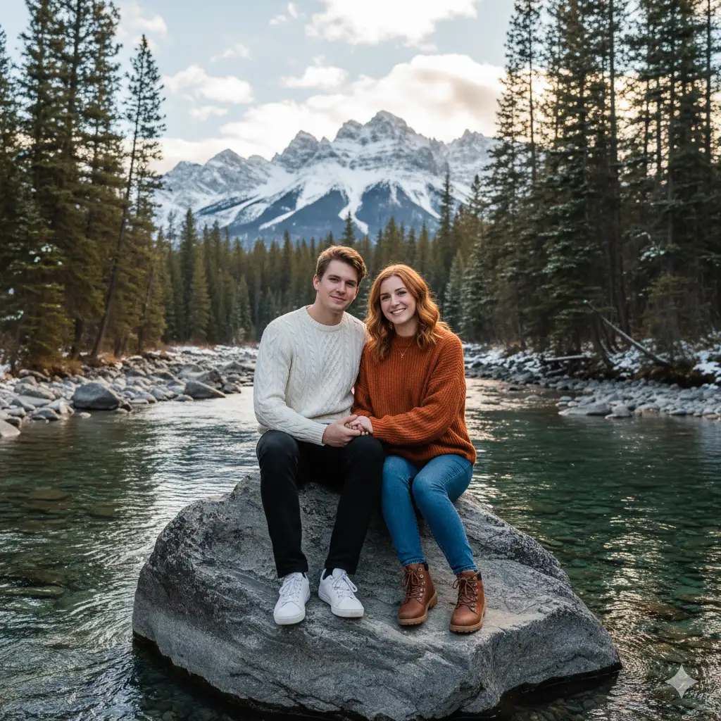 Create a peaceful outdoor portrait of a young couple sitting together on a large rock beside a crystal-clear mountain river. They are surrounded by pine trees and majestic snow-capped peaks in the distance under a soft, partly cloudy sky. The man wears a white knit sweater, black pants, and white sneakers, while the woman wears a rust-orange sweater, blue jeans, and brown boots. They sit close, holding hands and smiling gently toward the camera, exuding warmth and connection amidst the cool alpine landscape. The lighting is natural and soft, capturing the serenity and intimacy of the moment.