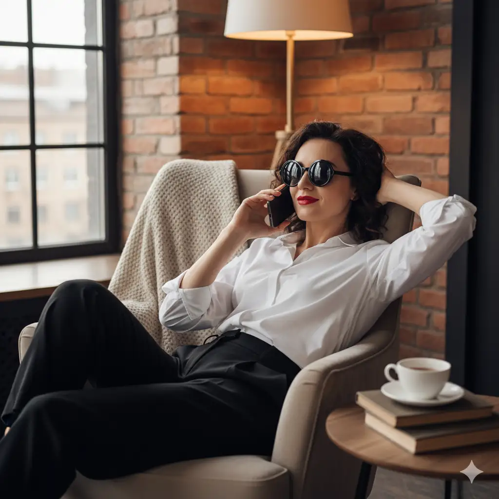 Create photo of a confident woman lounging in a cozy indoor setting, exuding polish and poise. She sits comfortably on a beige armchair, one arm resting behind her head, the other holding a smartphone near her ear as if in conversation. She wears a crisp white button-up shirt with the sleeves rolled up and fitted black pants, creating a timeless monochrome look. Her dark curly hair frames her face, and she sports bold red lipstick and oversized black sunglasses, adding a touch of glamour and mystery. The lighting is warm and intimate, highlighting her relaxed yet assertive posture.