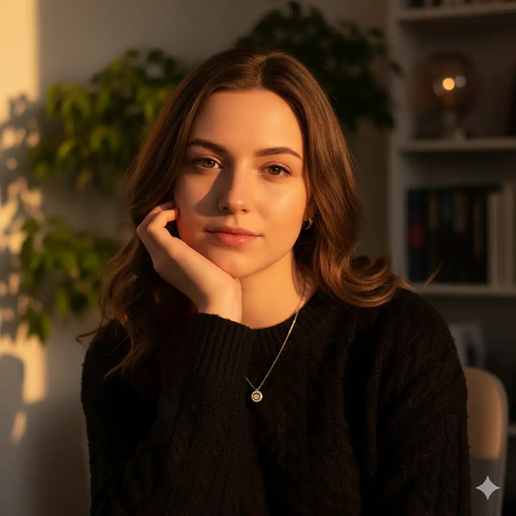 Create a warm, intimate portrait of a young woman sitting indoors, resting her chin on her hand as she gazes calmly into the camera. She wears a cozy black knit sweater and a simple pendant necklace, illuminated by soft golden-hour sunlight streaming from the side. The light creates a gentle orange glow and natural highlights in her hair, casting a serene and inviting mood. The blurred background hints at indoor plants and a softly lit space, adding to the relaxed, homely atmosphere. The overall tone feels introspective, elegant, and tranquil.