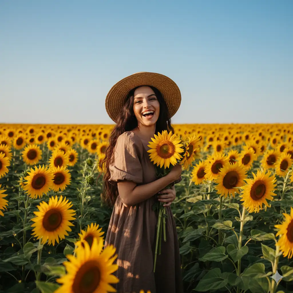 Create a bright, joyful outdoor portrait of a woman standing in the middle of a vast sunflower field under a clear blue sky. She has long, wavy dark hair and wears a wide-brimmed straw hat along with a puff-sleeved brown dress that complements the golden tones of the sunflowers. She holds a small bouquet of sunflowers close to her chest and smiles warmly toward the camera. The background stretches into an endless sea of yellow blooms, bathed in soft sunlight that gives the entire scene a golden, summery glow. The atmosphere is cheerful, radiant, and full of life.