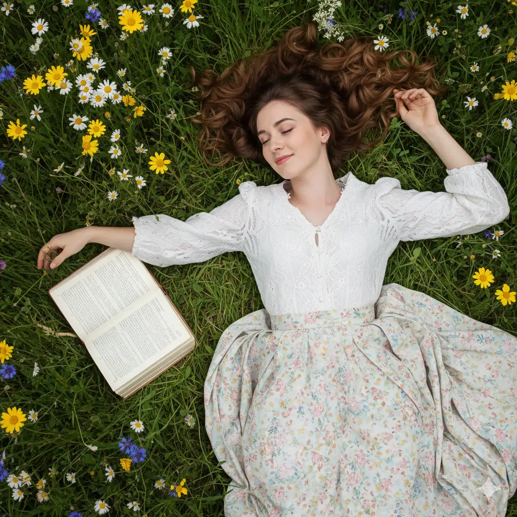 Create a photo of a young woman with soft, curly brown hair, lying on her back in a lush, green meadow. She is wearing a delicate, vintage-style lace top and a flowing A-line skirt. Her eyes are closed, and a gentle smile plays on her lips as she is surrounded by colorful daisies and cornflowers. One hand rests gently on a large, open book beside her, while the other is tangled in her hair with a few stray petals. The photo should be captured from a top-down perspective, giving it a peaceful feel.
