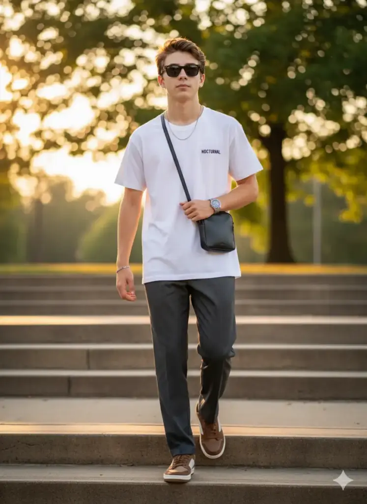 Create photo of a stylish teen boy walking down a set of concrete stairs outdoors during golden hour, surrounded by warm sunlight and soft bokeh trees in the background. He wears a crisp white oversized T-shirt with minimalist black text on the chest, paired with tailored dark gray trousers. His outfit is completed with brown and white sneakers, a silver wristwatch, a thin chain necklace, and a bracelet on one wrist. He also carries a small black crossbody bag in one hand. His hair is neatly styled, and he wears dark rectangular sunglasses, giving off a confident, modern streetwear vibe. The lighting is warm and cinematic, creating a smooth, polished aesthetic with soft golden highlights and shadows.